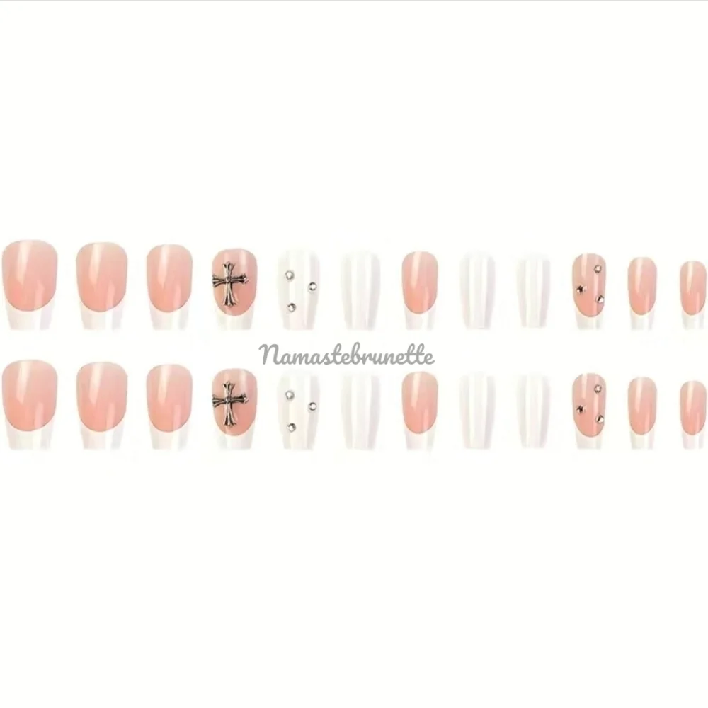 2/$16 Rhinestone Cross French Manicure Press On Nails